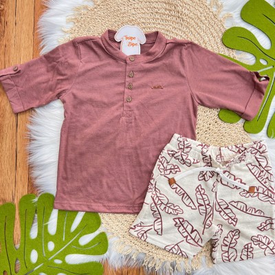 Conj. Camiseta Gola Padre e Bermuda em Linho Folhagem - Bordô e Areia